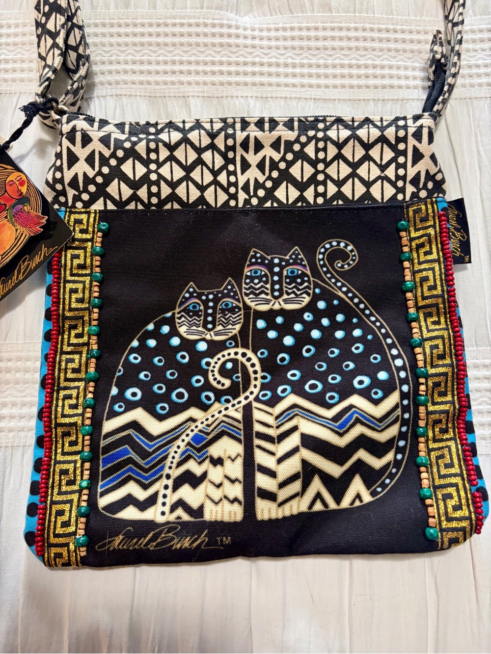 Laurel Burch Beaded Multicolor Black Canvas Cat Print Crossbody Bag - Picture 3 of 9